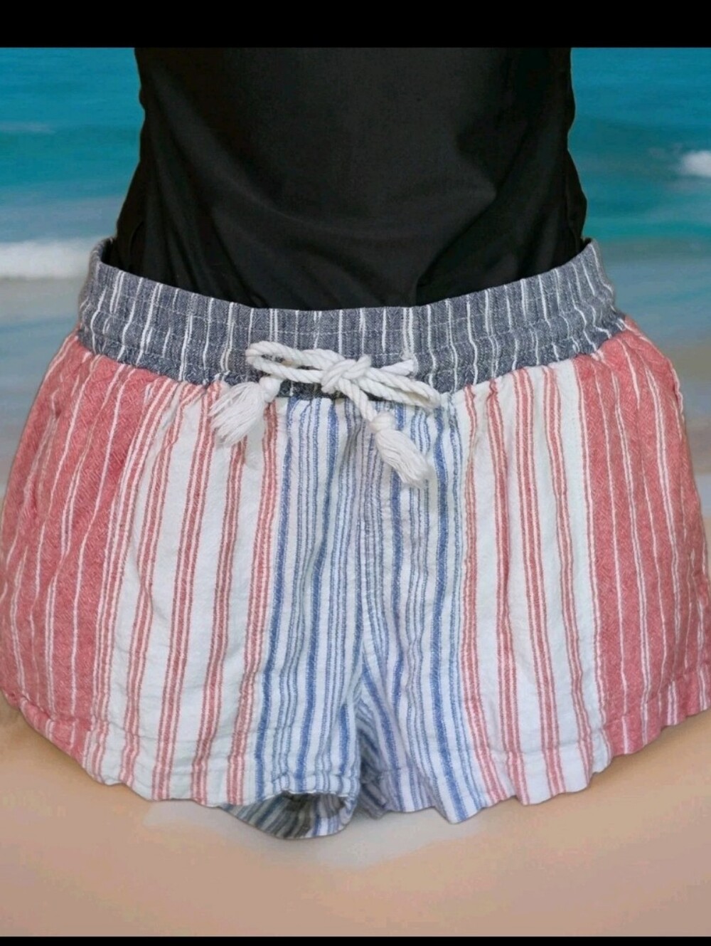 Banjara Womens Size Medium Shorts Linen Blend Striped Red White Blue Drawstring